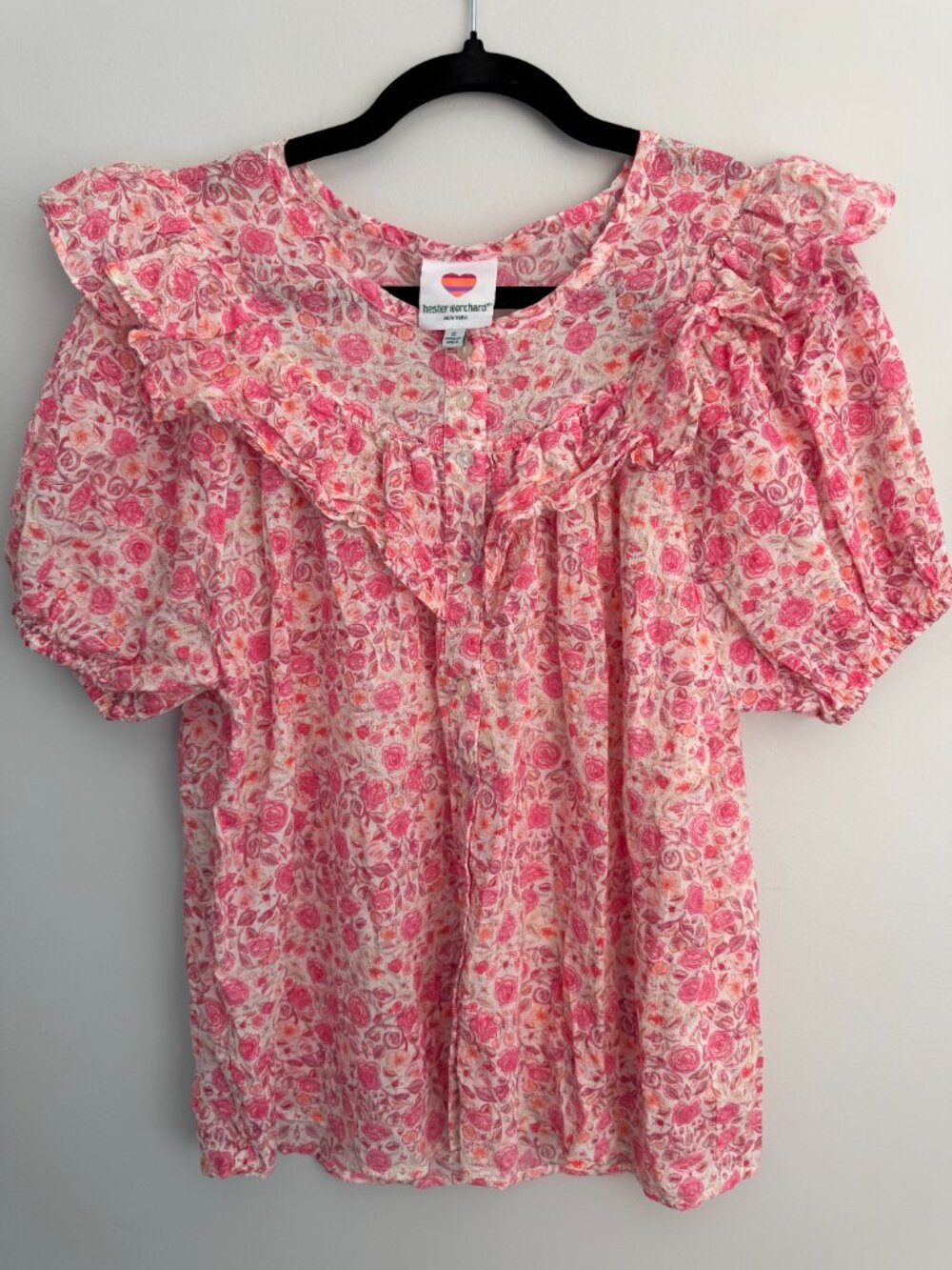 Hester & Orchard Pink Floral Ruffle Button Up Blouse 100% Cotton Feminine - Picture 4 of 11